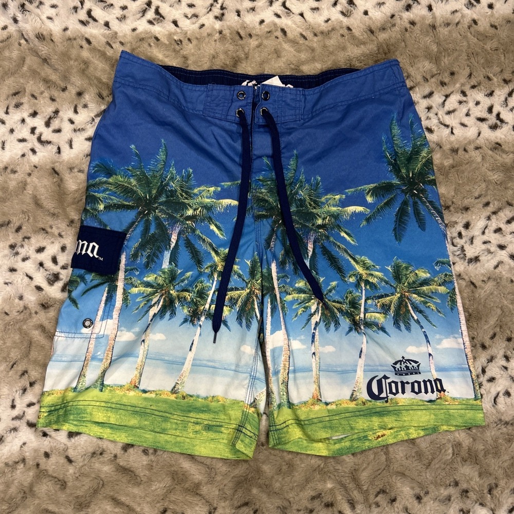 Corona Mens Swim Shorts Size 36 Blue Palm Tree Print Trunks Mesh Lined Lace Up